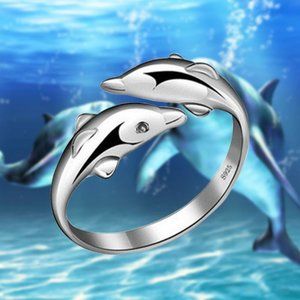 Swimming Dolphins Love Open Silver Ring